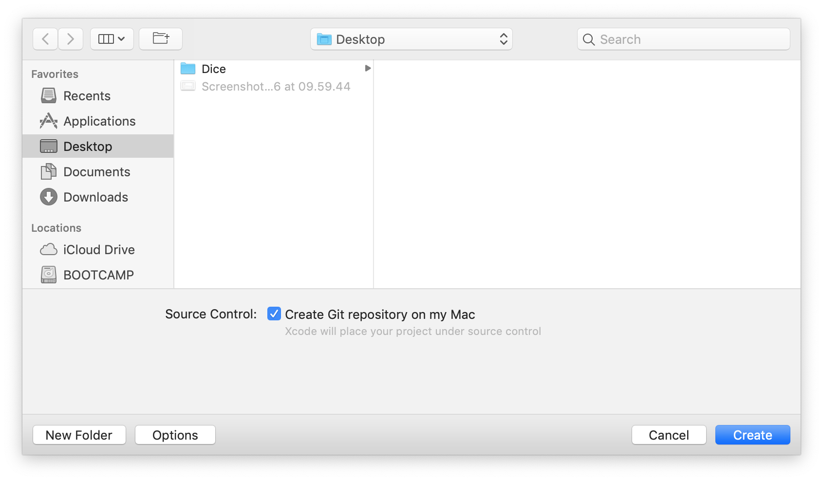 The `Create Git Repository on my Mac` checkbox in Xcode's `Save Project` panel