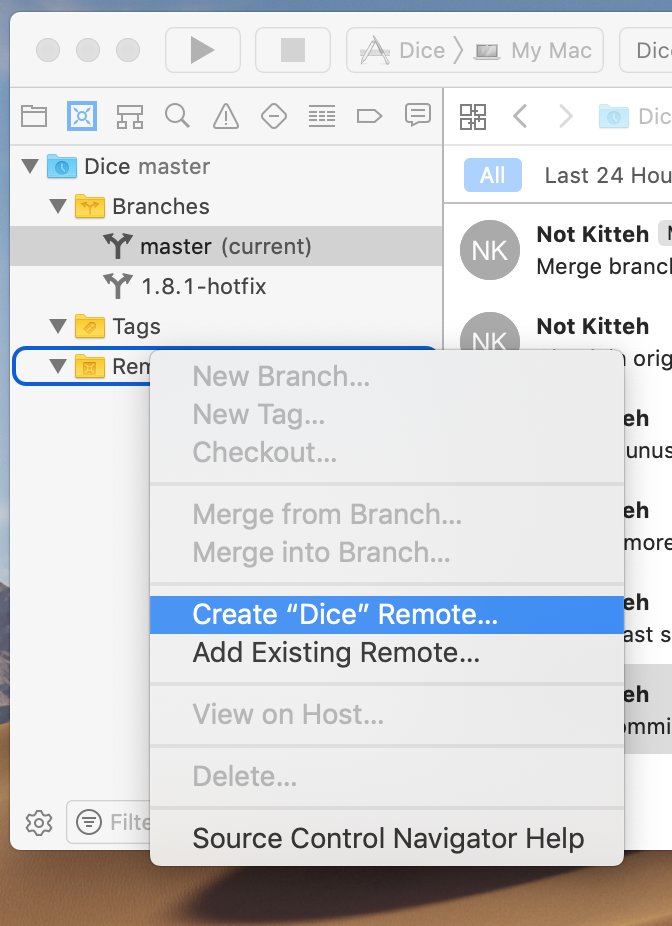 The `Create "Dice" remote…` contextual menu item