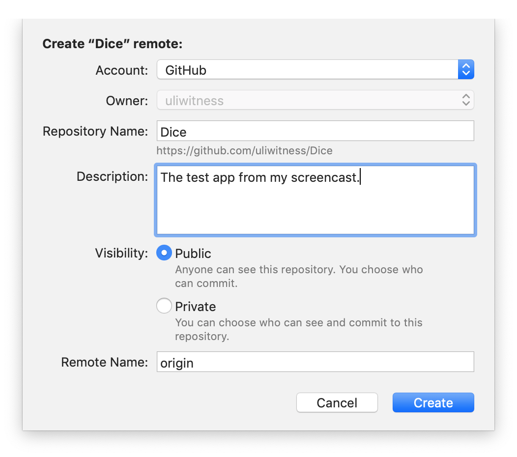 The sheet for creating a new remote repository in Xcode