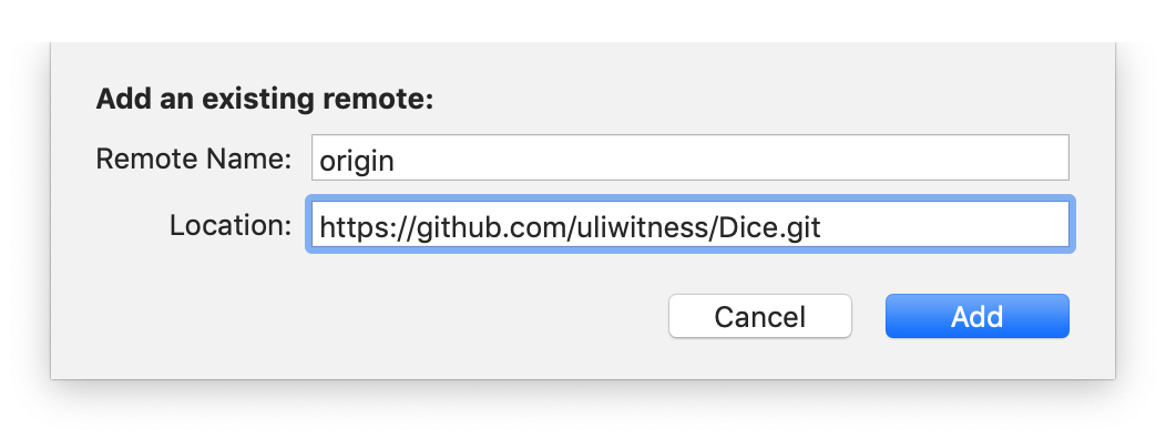 The add existing remote sheet with an HTTPS URL ending in `.git` like most Git repository URLs do