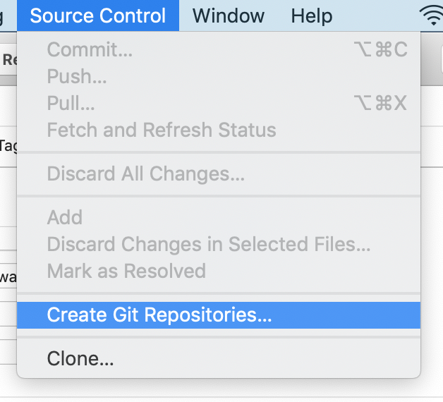 The `Create Git Repositories…` menu item in the `Source Control` menu