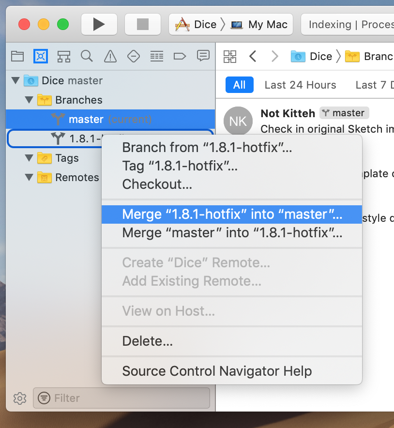 The `Merge "1.8.1-hotfix" into "master"…` contextual menu item on our branch