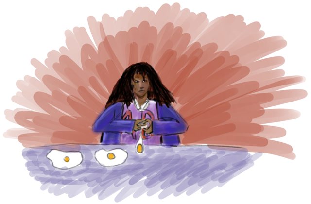 Painting of a person cracking eggs on a conveyor belt